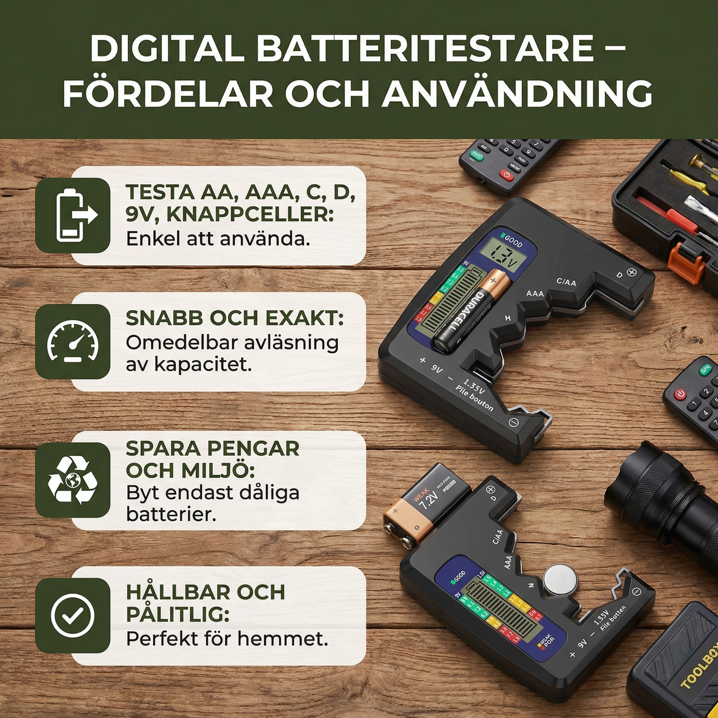 Digital batteritestare med LCD-display – kapacitetstestare för AA, AAA, C, D, 9V och knappcellsbatterier