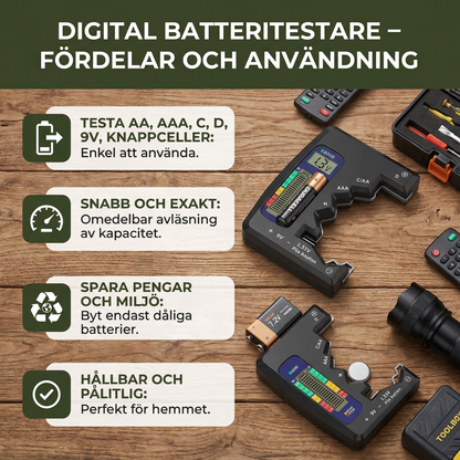 Digital batteritestare med LCD-display – kapacitetstestare för AA, AAA, C, D, 9V och knappcellsbatterier