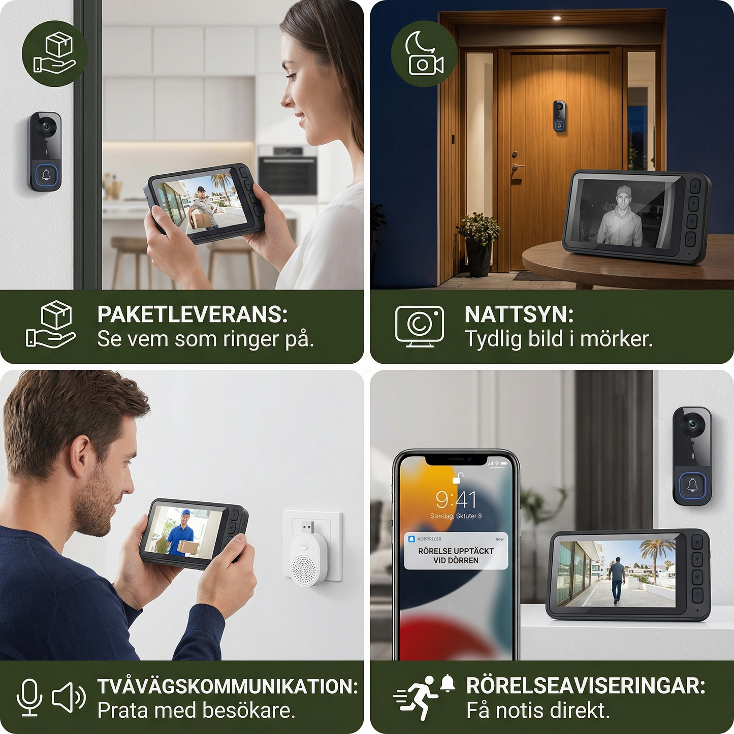 Trådlös smart videodörrklocka – HD-säkerhet med tvåvägskommunikation och rörelseaviseringar