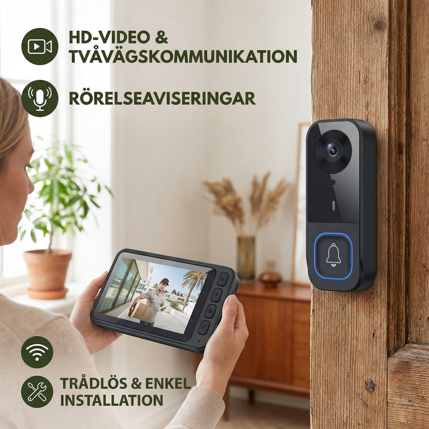 Trådlös smart videodörrklocka – HD-säkerhet med tvåvägskommunikation och rörelseaviseringar