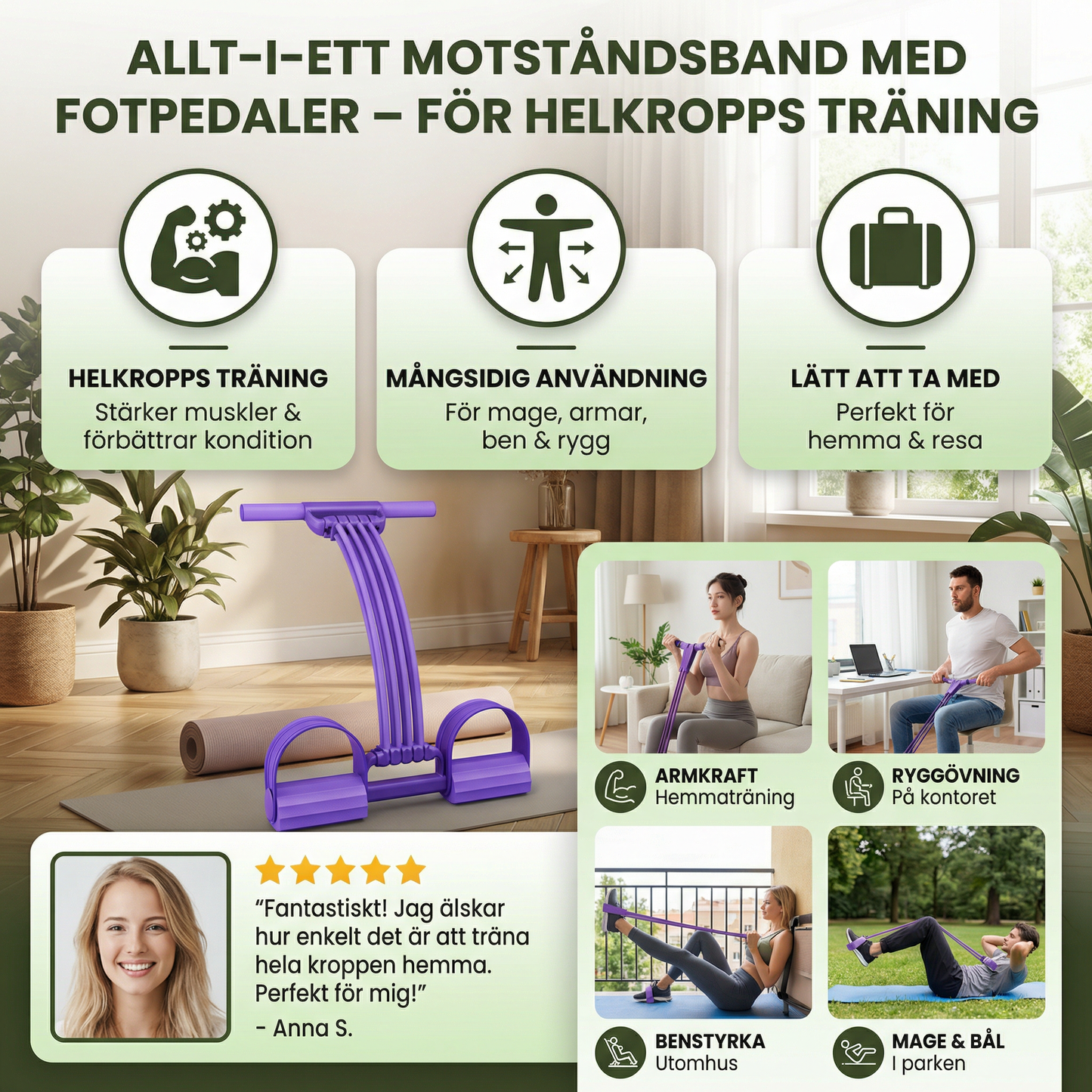 Allt-i-ett motståndsband med fotpedaler – för helkroppsträning