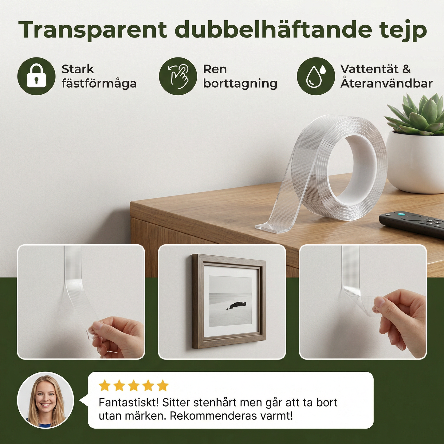 Transparent dubbelhäftande tejp – stark fästförmåga och ren borttagning