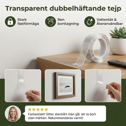 Transparent dubbelhäftande tejp – stark fästförmåga och ren borttagning