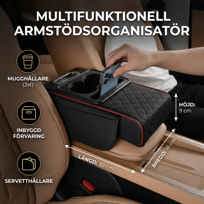 Multifunktionell armstödsorganisatör för bil med mugghållare och inbyggd förvaring