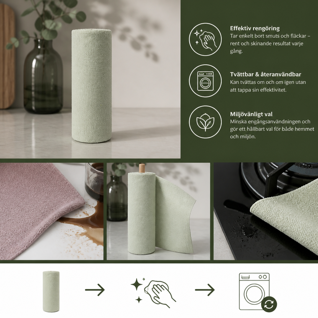 Premium Rengöringsrulle Av Mikrofiber Med Rivbara Ark – Tvättbar Och Återanvändbar