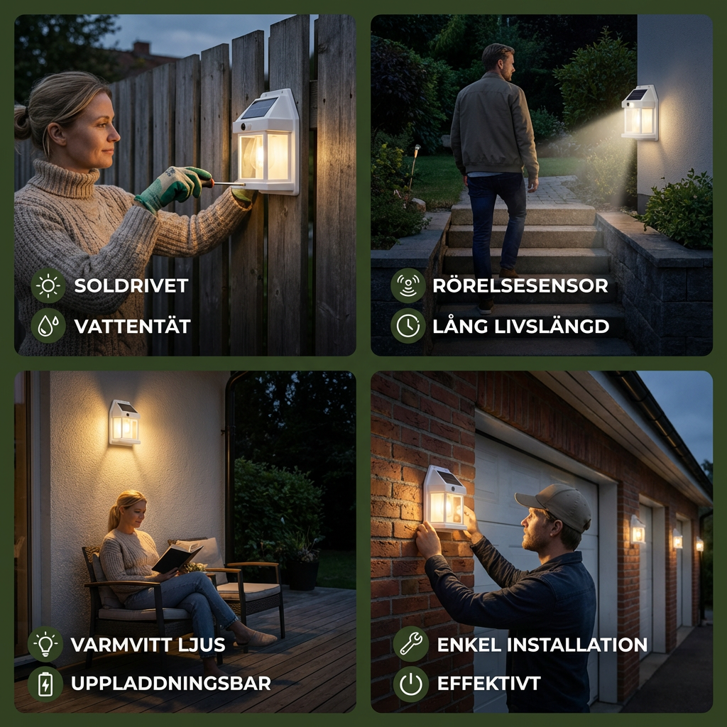 Solcellsdriven LED-vägglampa – vattentät utomhuslampa med ljussensor för trädgård, gård och staket (2 st)