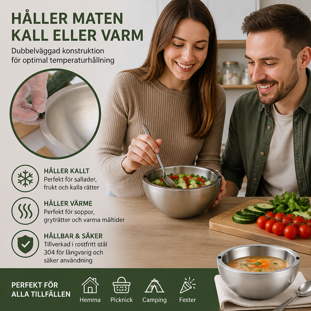 Dubbelväggad skål i rostfritt stål för att hålla mat kall eller varm