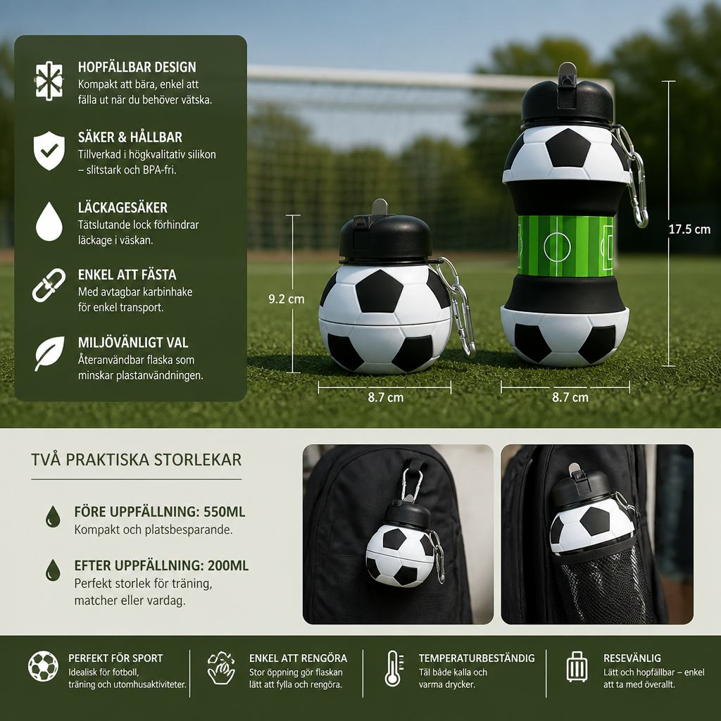 Hopfällbar och Slitstark Silikonvattenflaska i Fotbollsdesign
