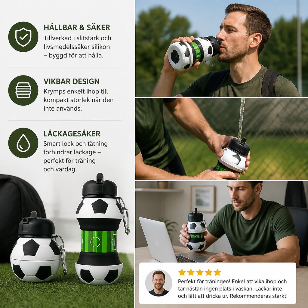 Hopfällbar och Slitstark Silikonvattenflaska i Fotbollsdesign