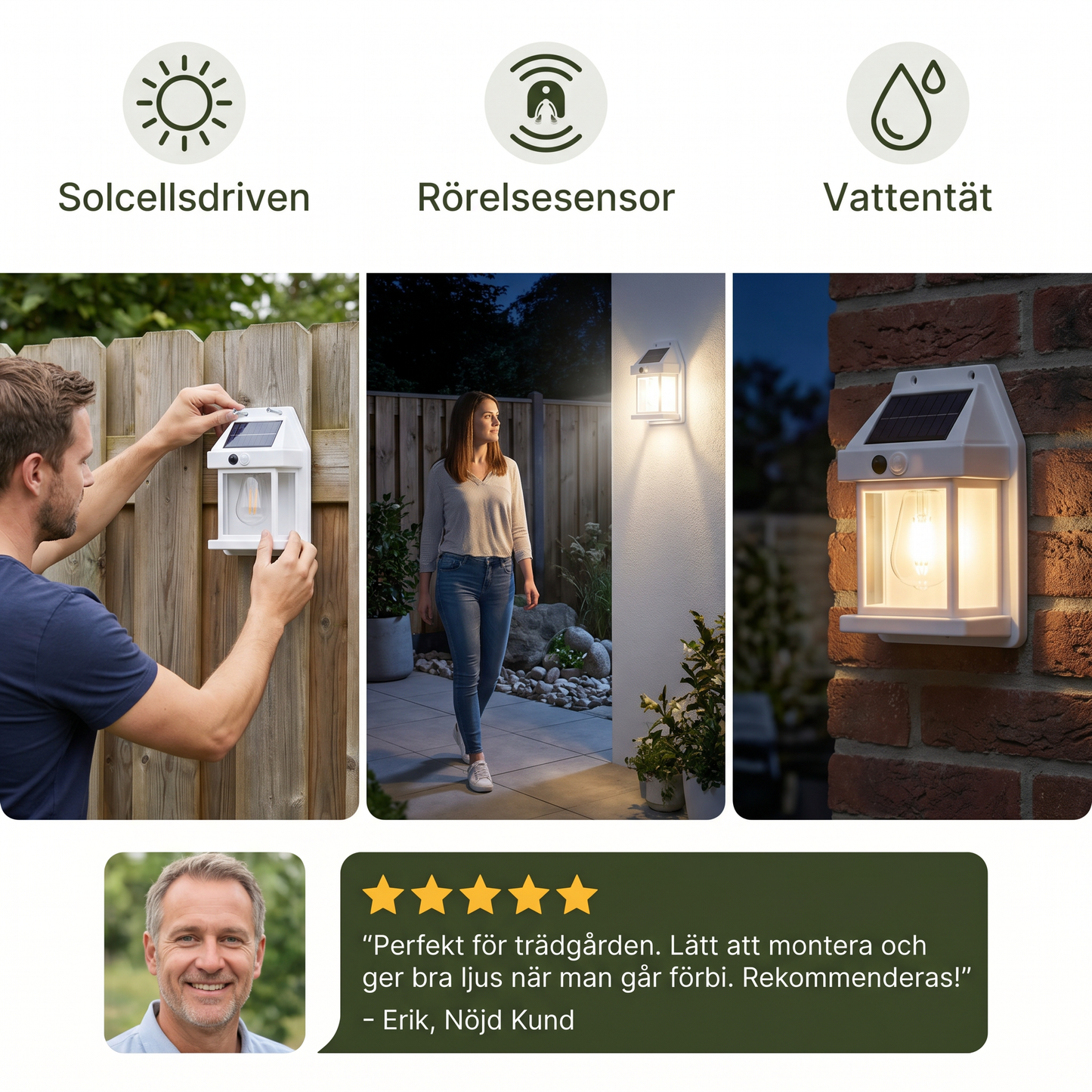 Solcellsdriven LED-vägglampa – vattentät utomhuslampa med ljussensor för trädgård, gård och staket (2 st)