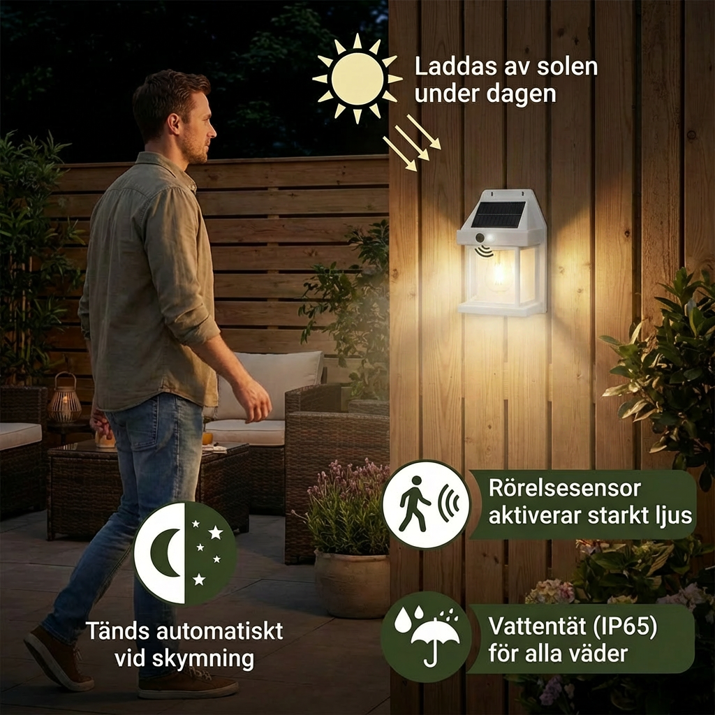 Solcellsdriven LED-vägglampa – vattentät utomhuslampa med ljussensor för trädgård, gård och staket (2 st)