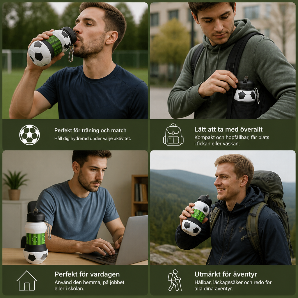 Hopfällbar och Slitstark Silikonvattenflaska i Fotbollsdesign