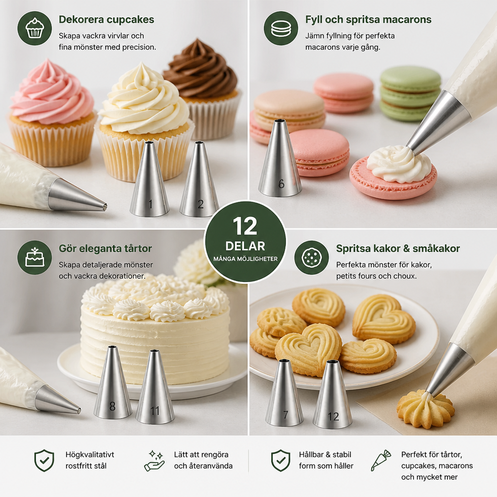 12-delars spritstyllset – Precision för dekoration av tårtor, cupcakes och macarons