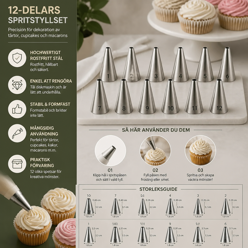 12-delars spritstyllset – Precision för dekoration av tårtor, cupcakes och macarons