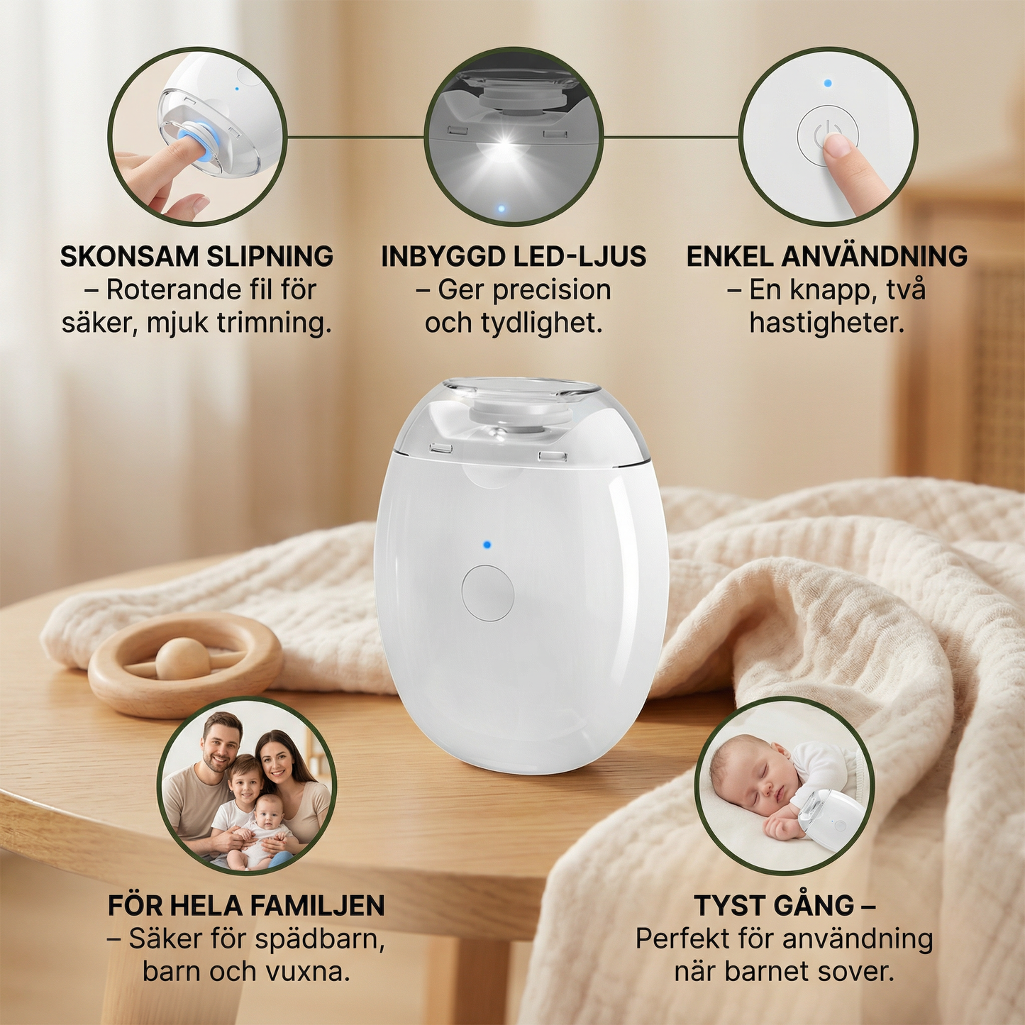 Professionell elektrisk nageltrimmer med LED-ljus – Skonsam nagelklippare för hela familjen