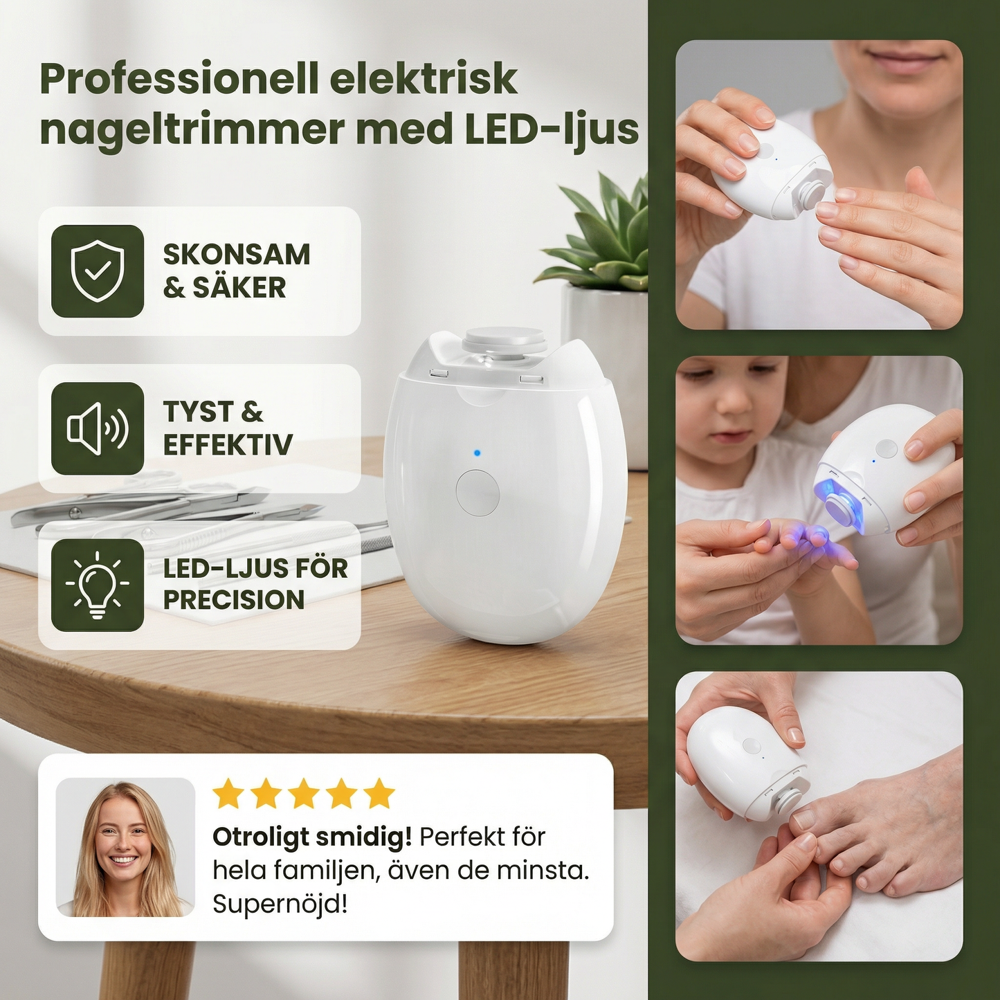 Professionell elektrisk nageltrimmer med LED-ljus – Skonsam nagelklippare för hela familjen