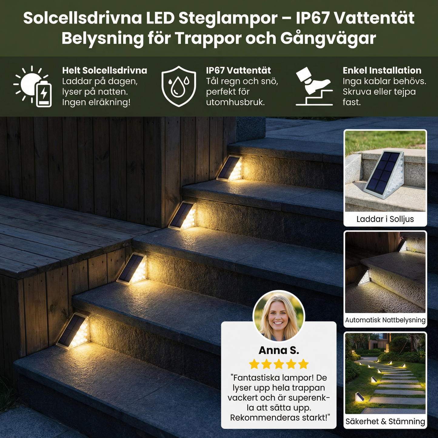 Solcellsdrivna LED Steglampor – IP67 Vattentät Belysning för Trappor och Gångvägar