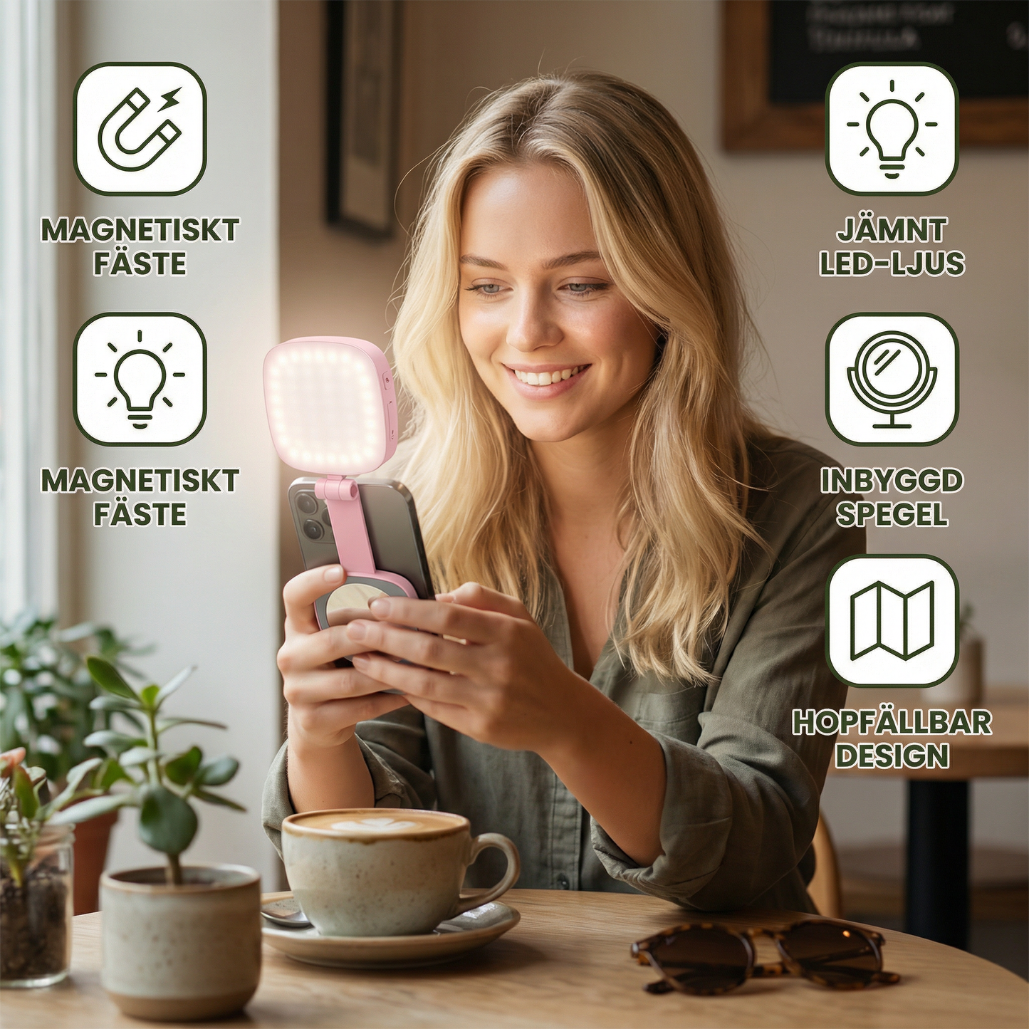 Magnetiskt LED Selfie- & Beauty-Ljus för Smartphones – Hopfällbart, Portabelt med Spegel