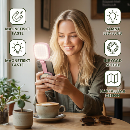 Magnetiskt LED Selfie- & Beauty-Ljus för Smartphones – Hopfällbart, Portabelt med Spegel