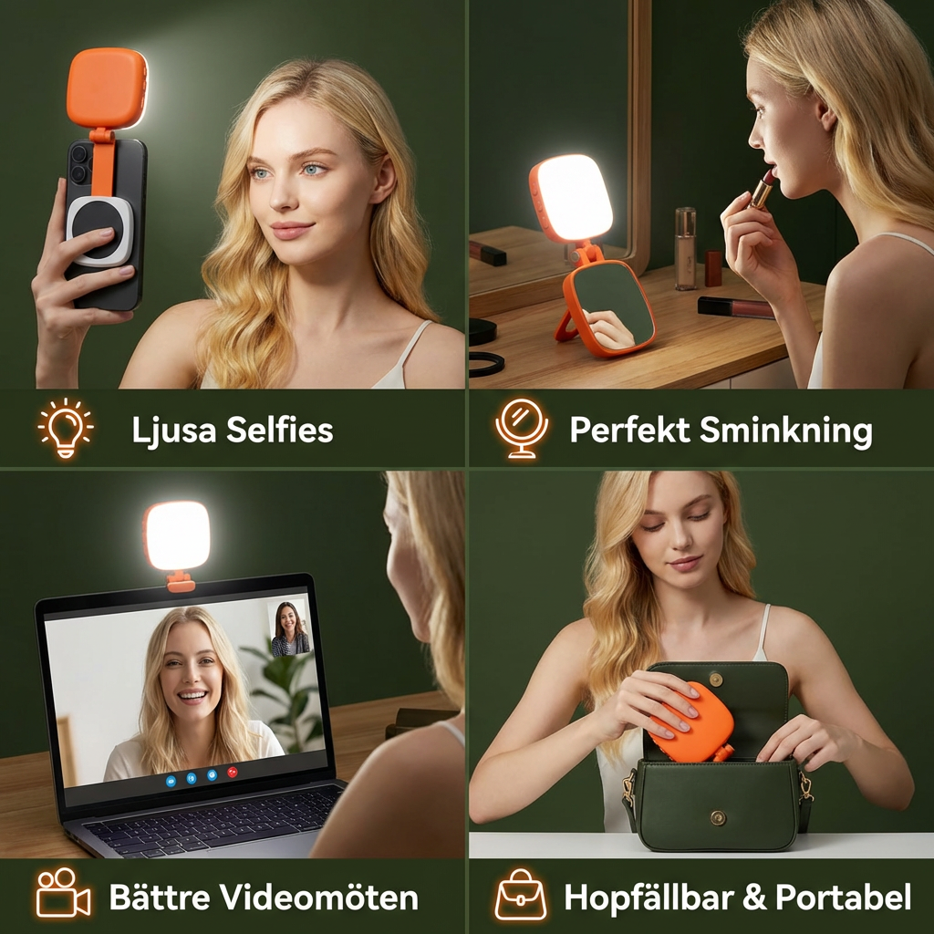 Magnetiskt LED Selfie- & Beauty-Ljus för Smartphones – Hopfällbart, Portabelt med Spegel