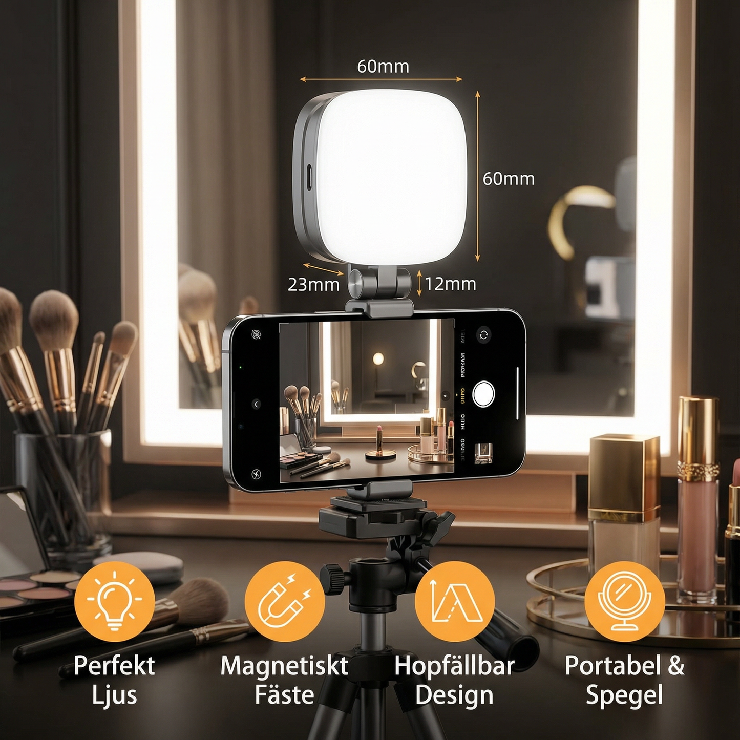 Magnetiskt LED Selfie- & Beauty-Ljus för Smartphones – Hopfällbart, Portabelt med Spegel