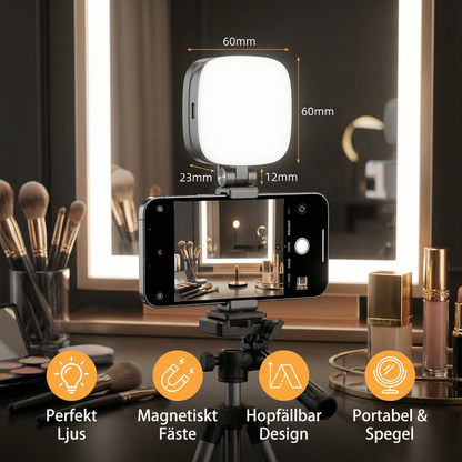 Magnetiskt LED Selfie- & Beauty-Ljus för Smartphones – Hopfällbart, Portabelt med Spegel