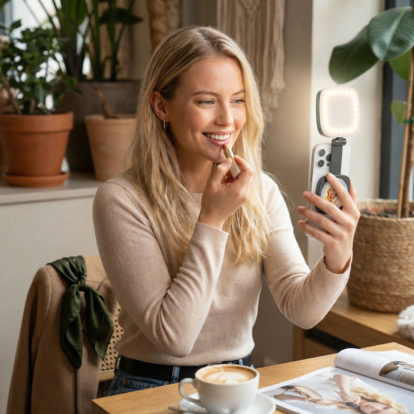 Magnetiskt LED Selfie- & Beauty-Ljus för Smartphones – Hopfällbart, Portabelt med Spegel