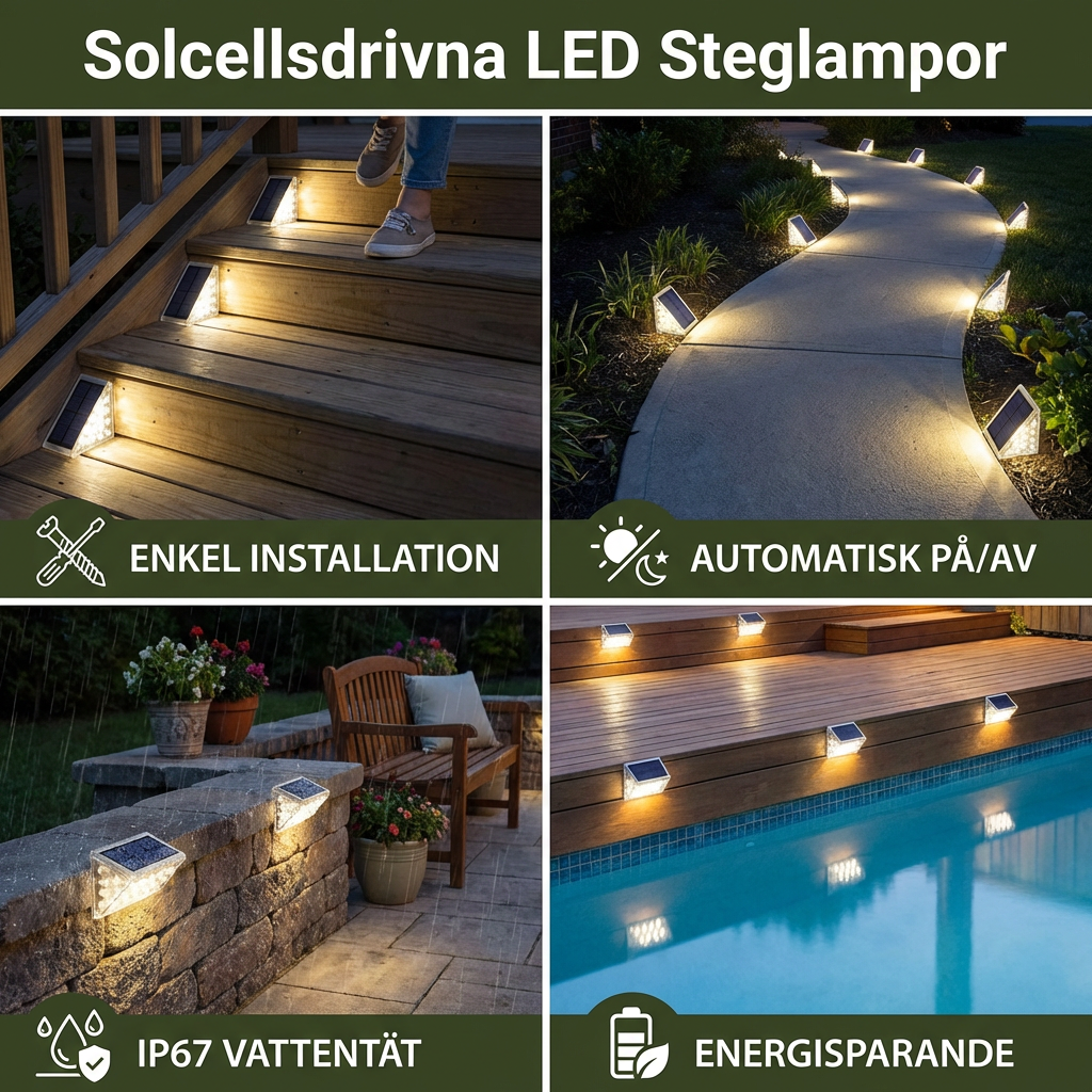 Solcellsdrivna LED Steglampor – IP67 Vattentät Belysning för Trappor och Gångvägar