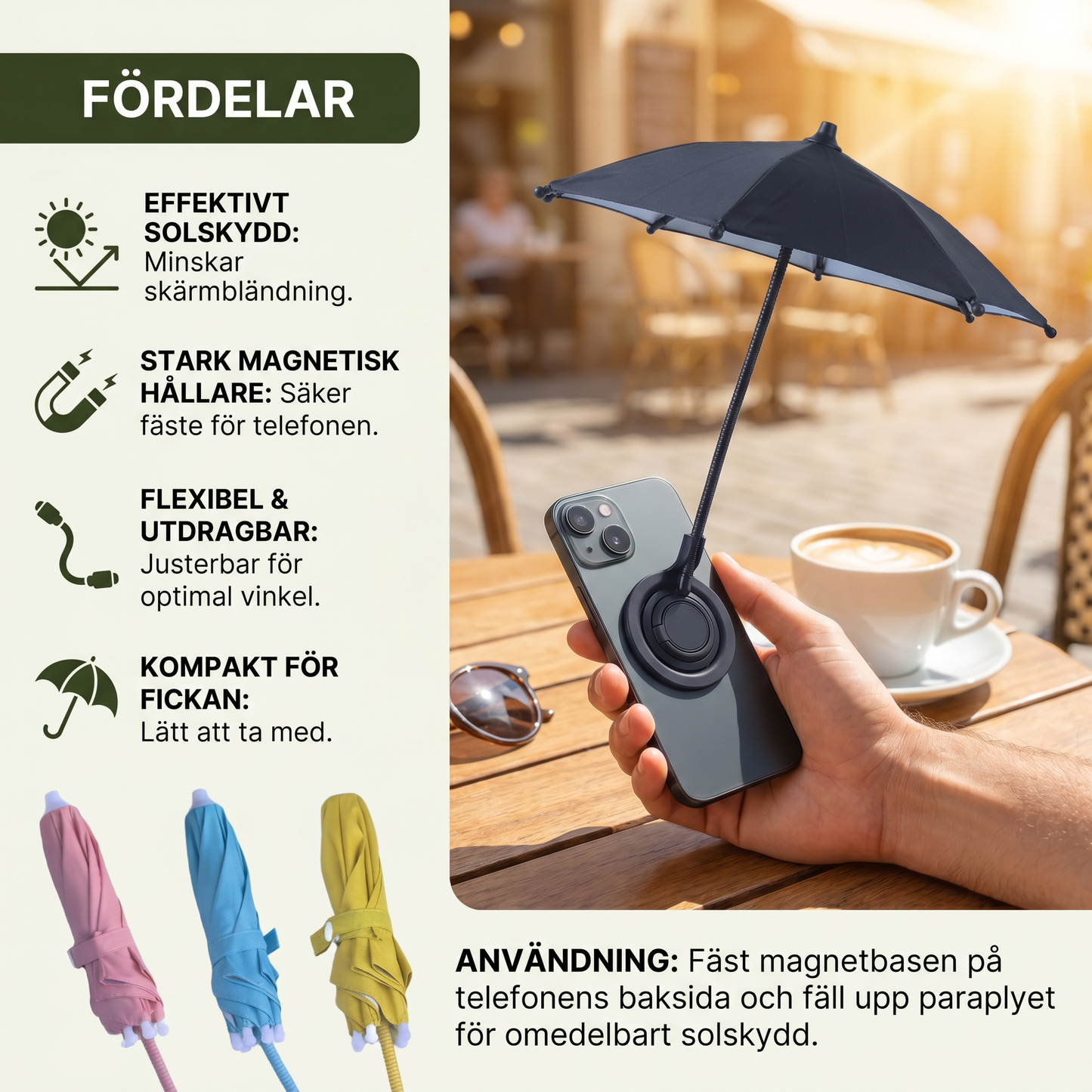 Magnetiskt mini-solskydd för mobiltelefon – utdragbar hållare för flexibelt solskydd på språng