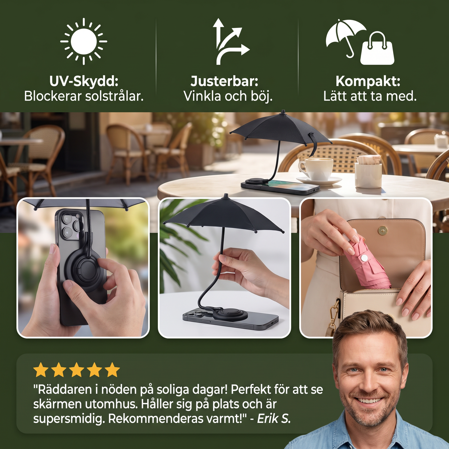 Magnetiskt mini-solskydd för mobiltelefon – utdragbar hållare för flexibelt solskydd på språng