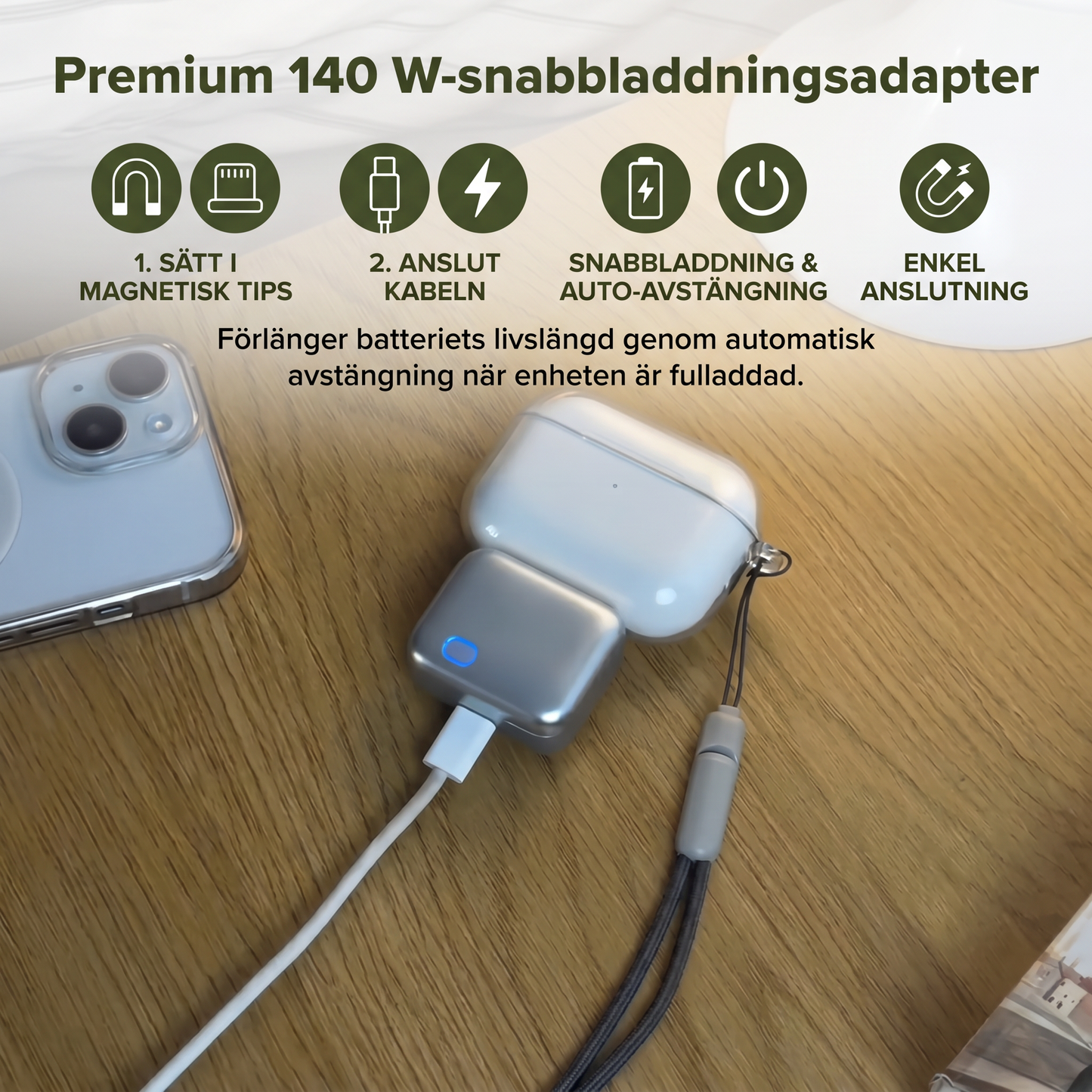 Premium 140 W-snabbladdare med teknik för automatisk avstängning