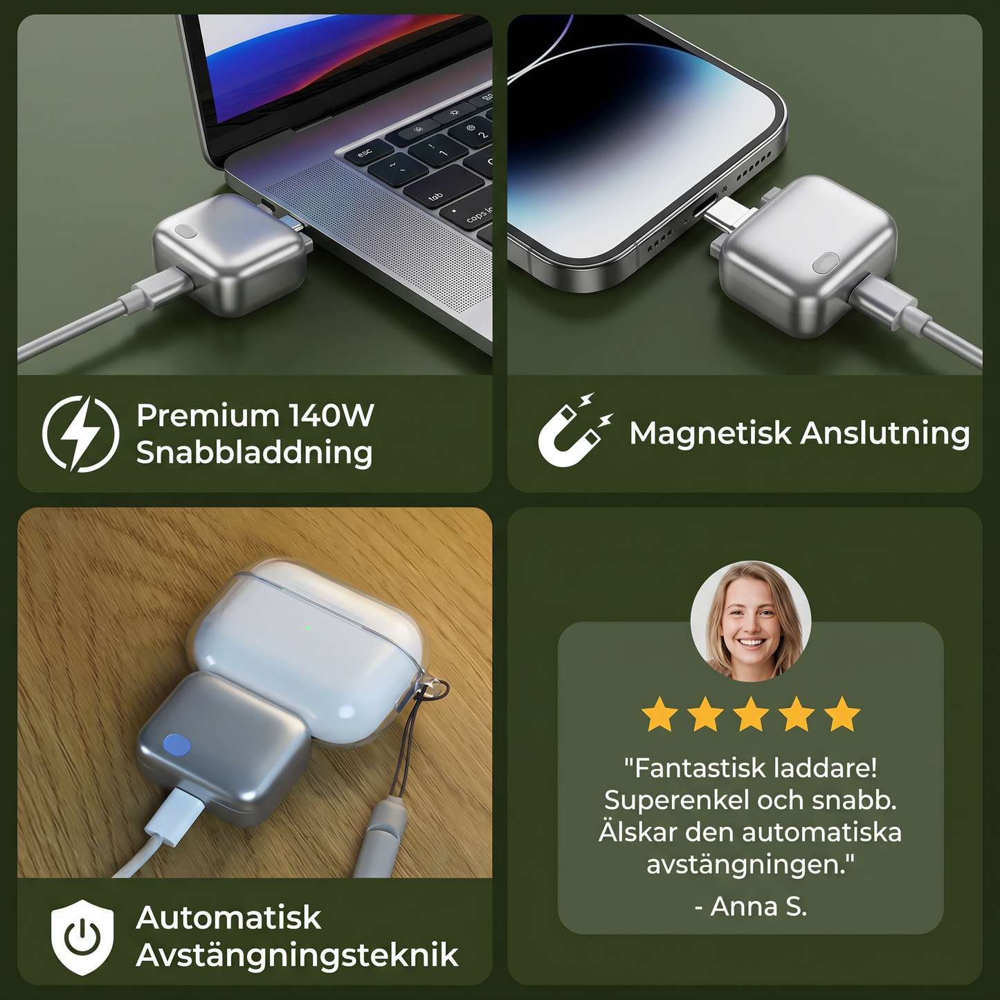 Premium 140 W-snabbladdare med teknik för automatisk avstängning