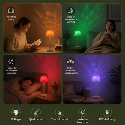 LED-projektionslampa med norrsken och havsvågor med touchstyrning