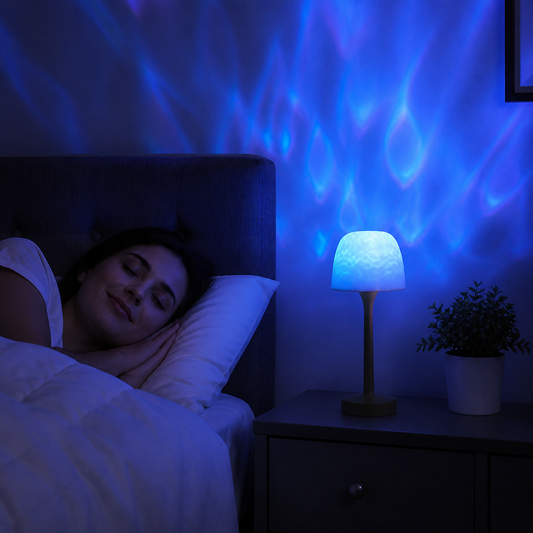 LED-projektionslampa med norrsken och havsvågor med touchstyrning