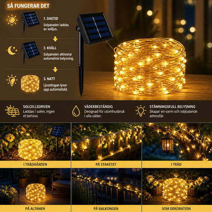 Solcellsdriven Ljusslinga För Utomhusbruk Med LED-Lampor & 8 Ljuslägen