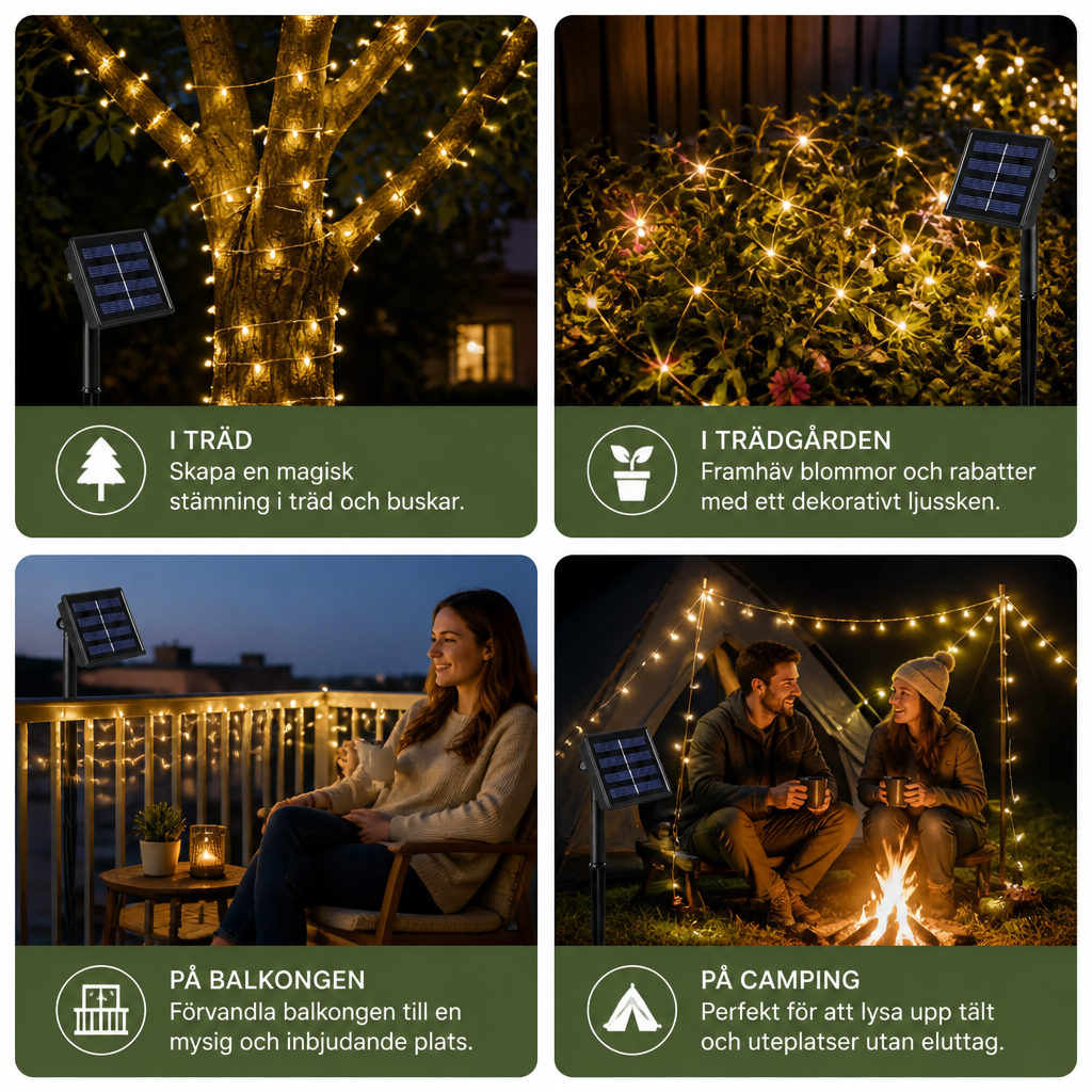 Solcellsdriven Ljusslinga För Utomhusbruk Med LED-Lampor & 8 Ljuslägen