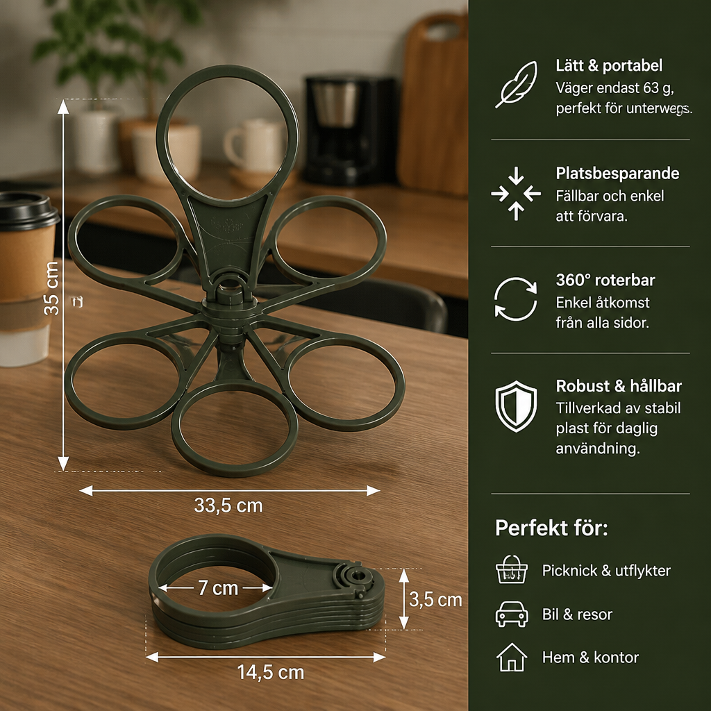Fällbar, Rotationsbar Dryckeshållare – med 6 fack för glas och koppar, idealisk för unterwegs