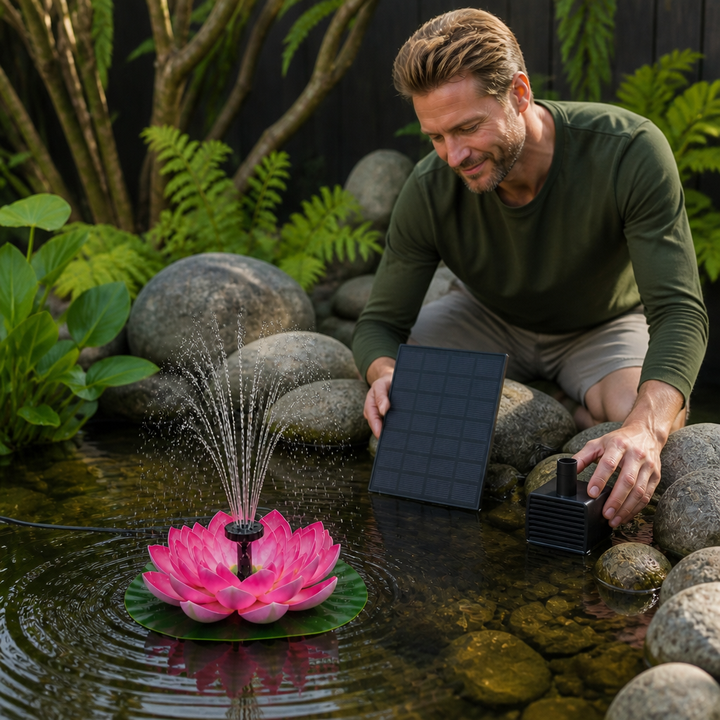 Solcellsdriven Lotusfontän – Flytande Trädgårdsfontän för Pool och Damm