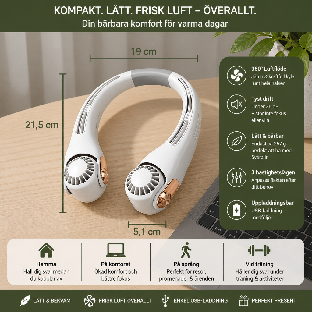 Bärbar Handsfree Halsfläkt med Kylande Effekt