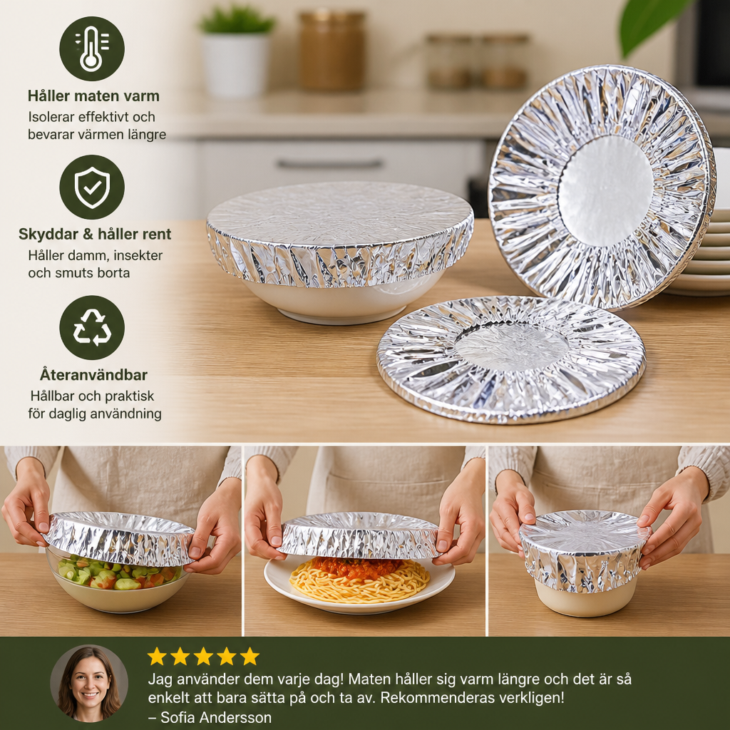 Elastiska Aluminiumfolielock för Mat – Värmeisolerande Lock för Skålar och Tallrikar