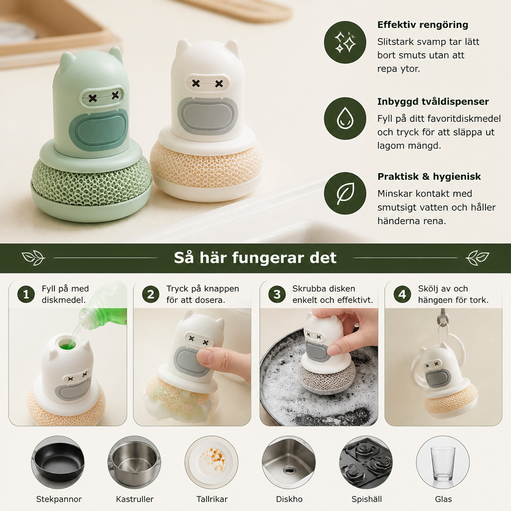 Söt diskborste med inbyggd diskmedelsbehållare