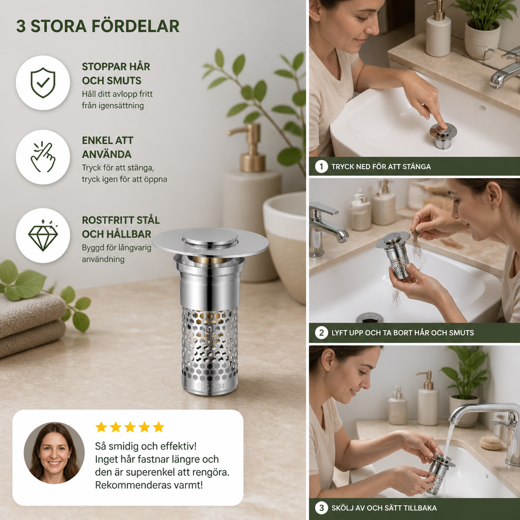 Universell Pop-Up-Avloppspropp för Tvättställ med Hårfångare och Filterkorg i Rostfritt Stål