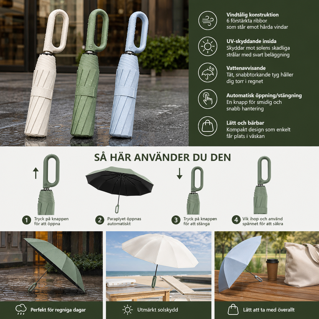Premium Automatisk Hopfällbar Paraply för Sol och Regn – Kompakt och Vindtåligt