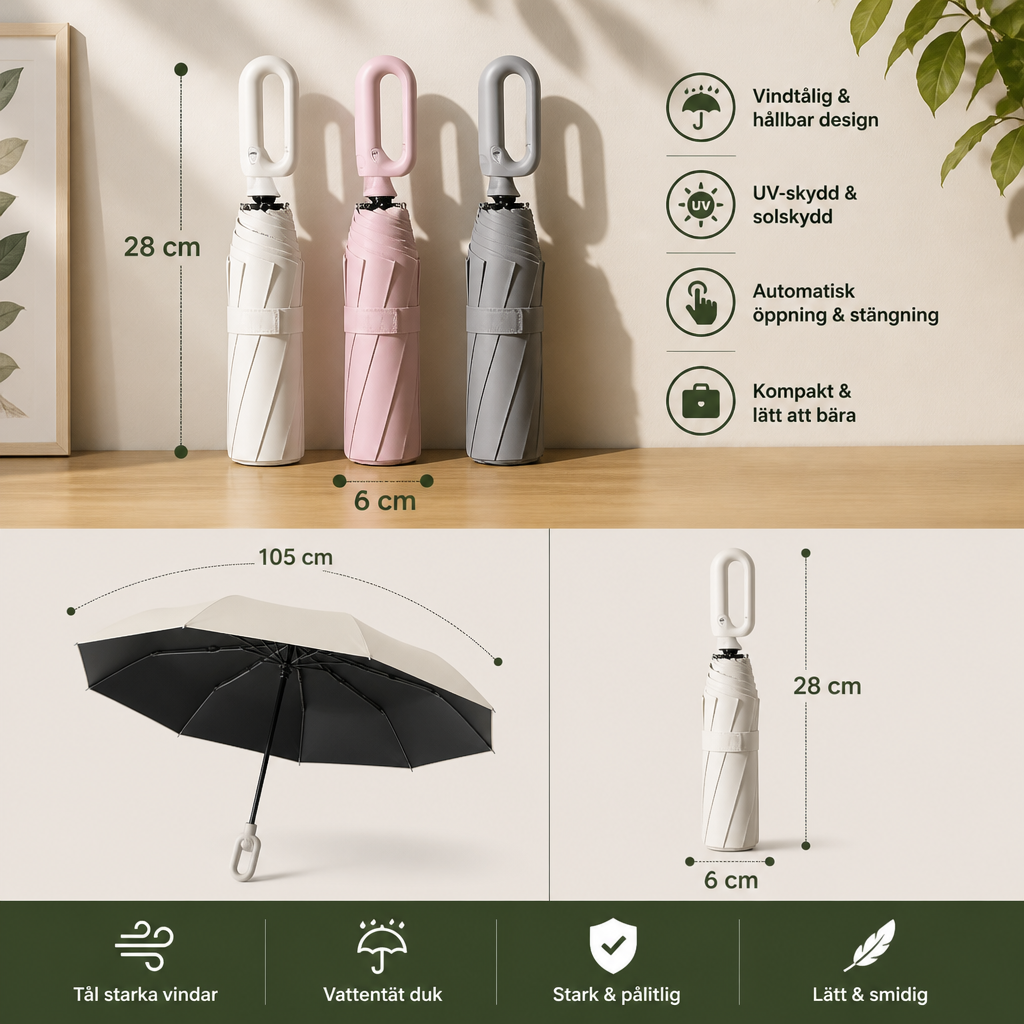 Premium Automatisk Hopfällbar Paraply för Sol och Regn – Kompakt och Vindtåligt