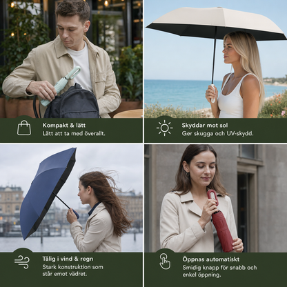 Premium Automatisk Hopfällbar Paraply för Sol och Regn – Kompakt och Vindtåligt