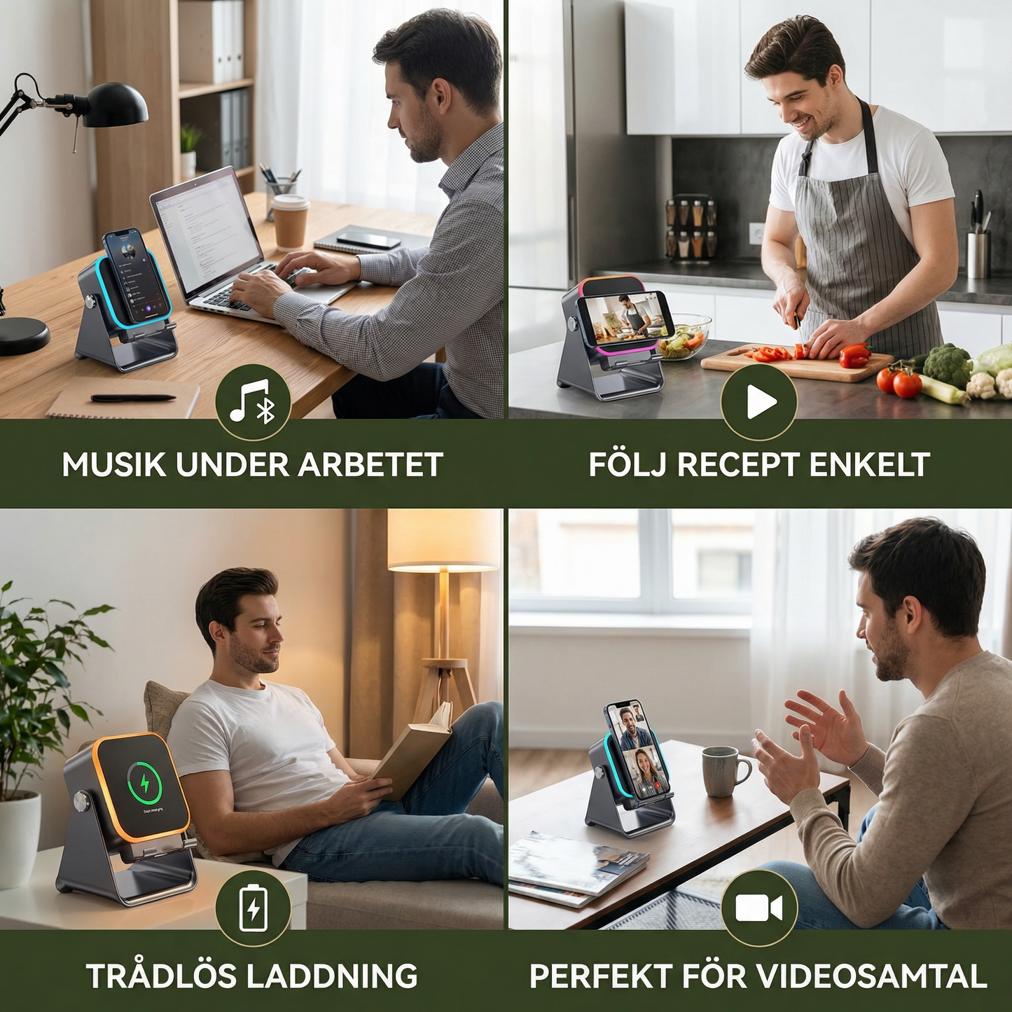Multifunktionell Bluetooth-högtalare – med ljus, trådlös laddningsfunktion och justerbart mobilställ
