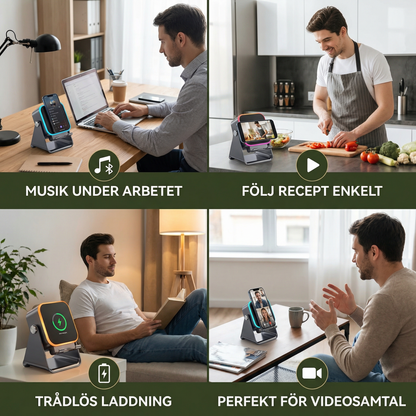 Multifunktionell Bluetooth-högtalare – med ljus, trådlös laddningsfunktion och justerbart mobilställ