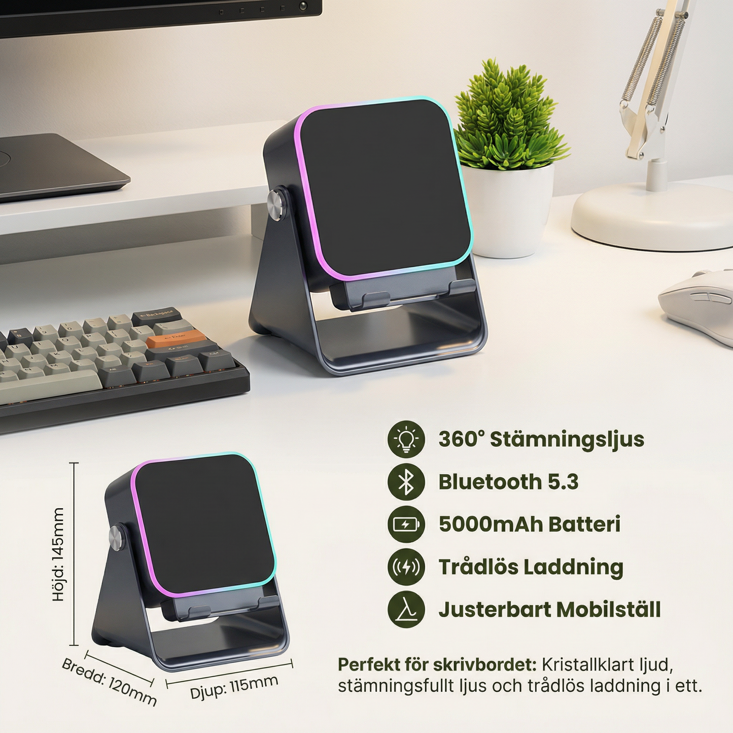 Multifunktionell Bluetooth-högtalare – med ljus, trådlös laddningsfunktion och justerbart mobilställ