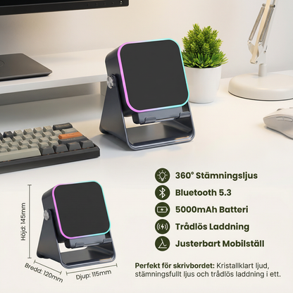 Multifunktionell Bluetooth-högtalare – med ljus, trådlös laddningsfunktion och justerbart mobilställ