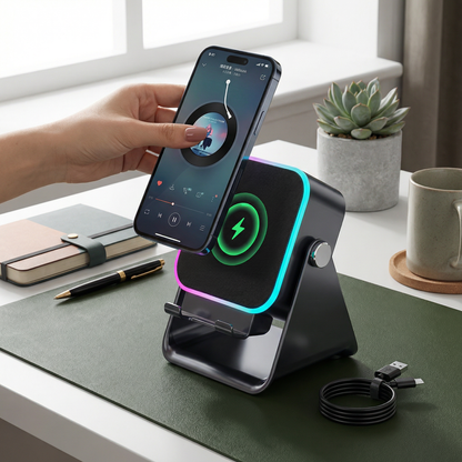 Multifunktionell Bluetooth-högtalare – med ljus, trådlös laddningsfunktion och justerbart mobilställ